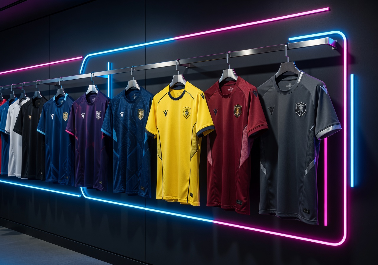 Away football jersey collection on dark display with neon accents premium sports merchandise photography