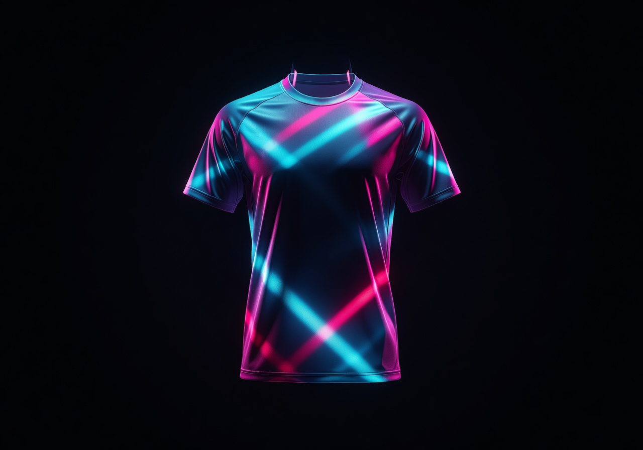 Away kit football jersey on dark background professional product shot with dramatic neon lighting fabric detail