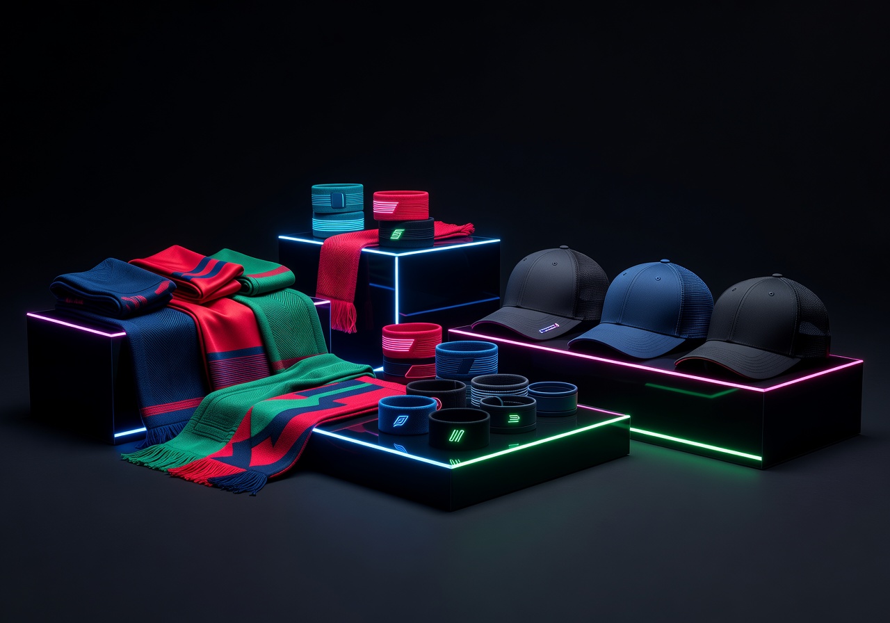 Football accessories collection display scarves wristbands caps on dark background with neon glow ecommerce product showcase