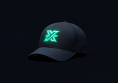Football cap with logo on dark background neon lighting minimal product photography team branded sports accessory