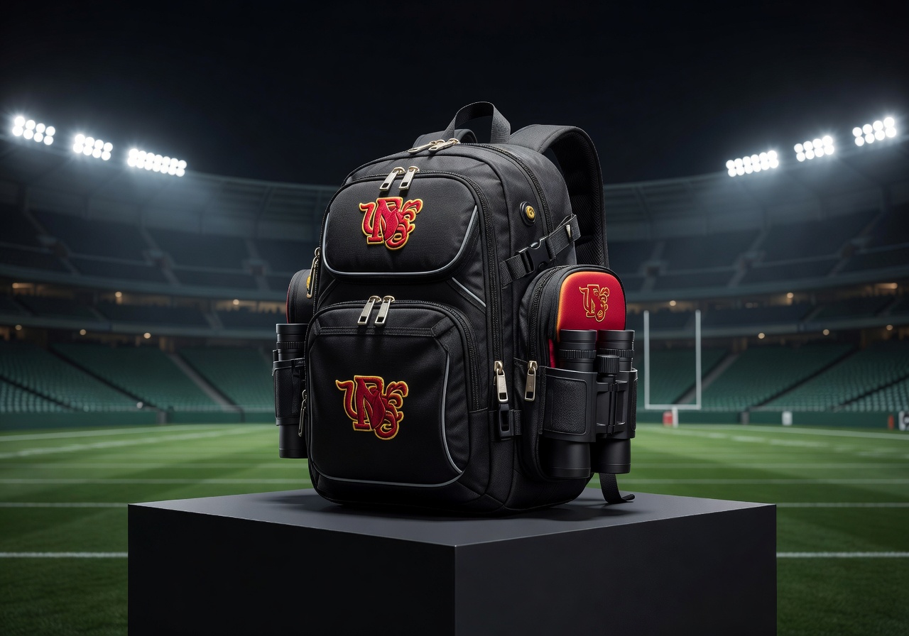 Football fan backpack gear product stadium lighting high detail ecommerce display sports merchandise