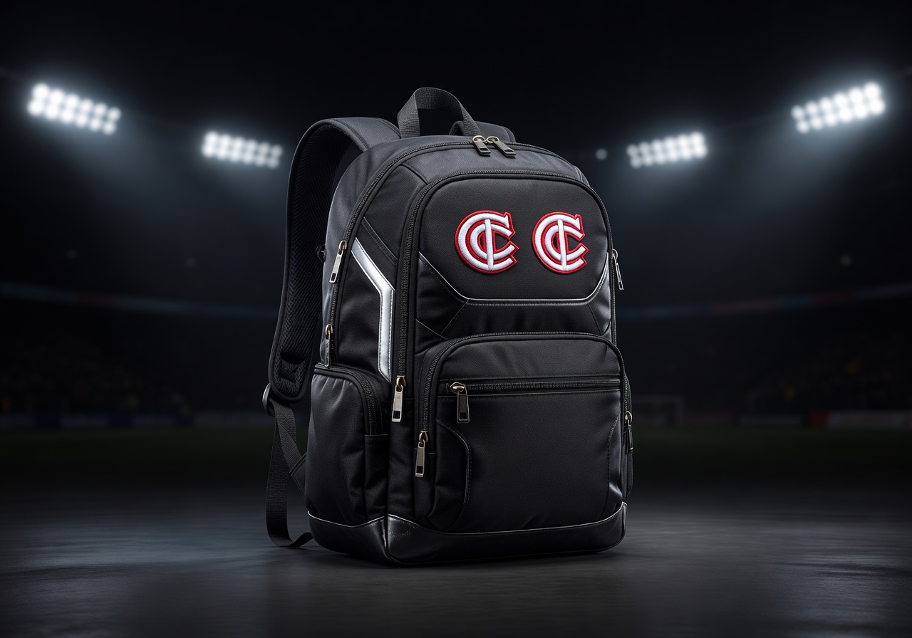 Football fan backpack product with stadium lighting background high detail ecommerce product display dark background sports gear