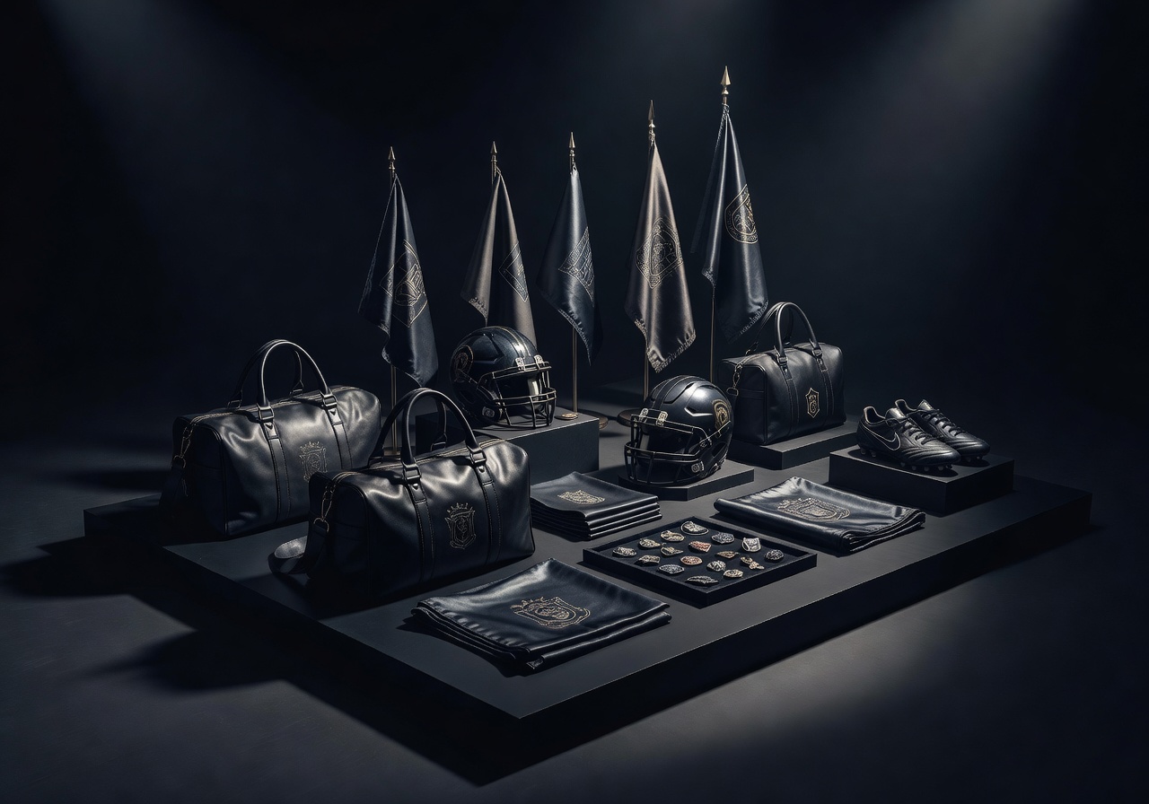 Football fan gear merchandise collection stadium lighting bags flags memorabilia ecommerce display dark premium