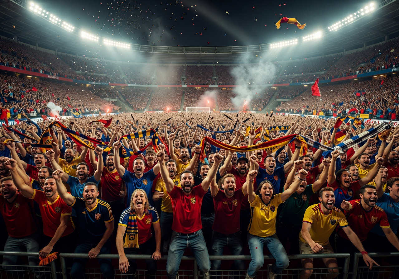Football fans celebrating in stadium emotional crowd dramatic lighting sports photography cheering supporters