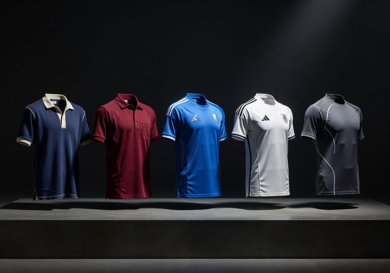 Football jersey evolution history sports fashion merchandise photography dark background dramatic lighting