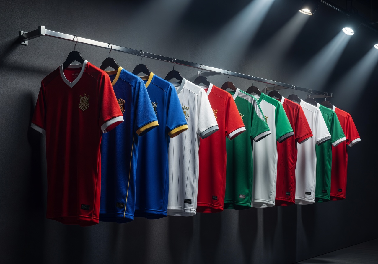 Football jerseys collection display with stadium lighting multiple jerseys arranged aesthetically ecommerce showcase style