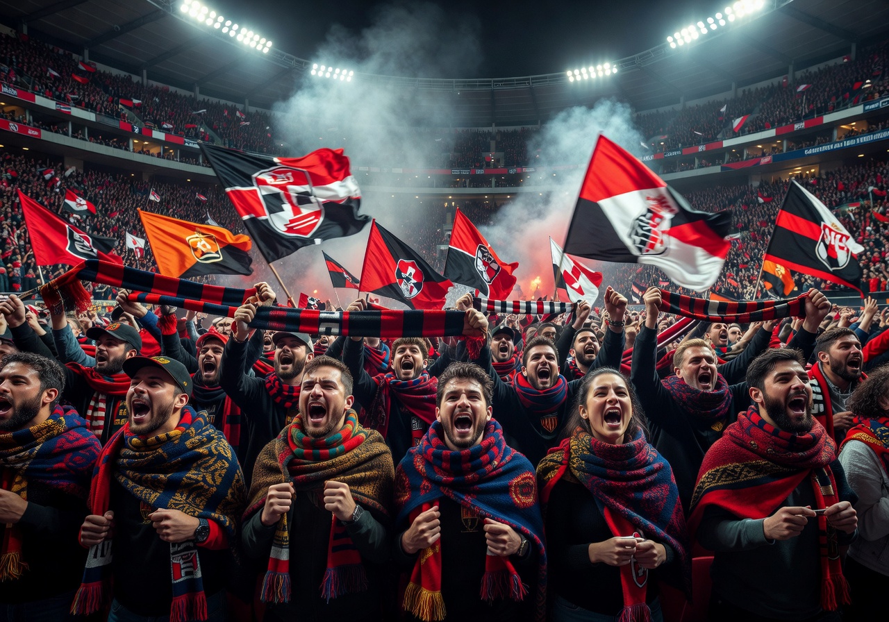 Football match culture fans in stadium with scarves and flags dramatic atmosphere sports celebration photography