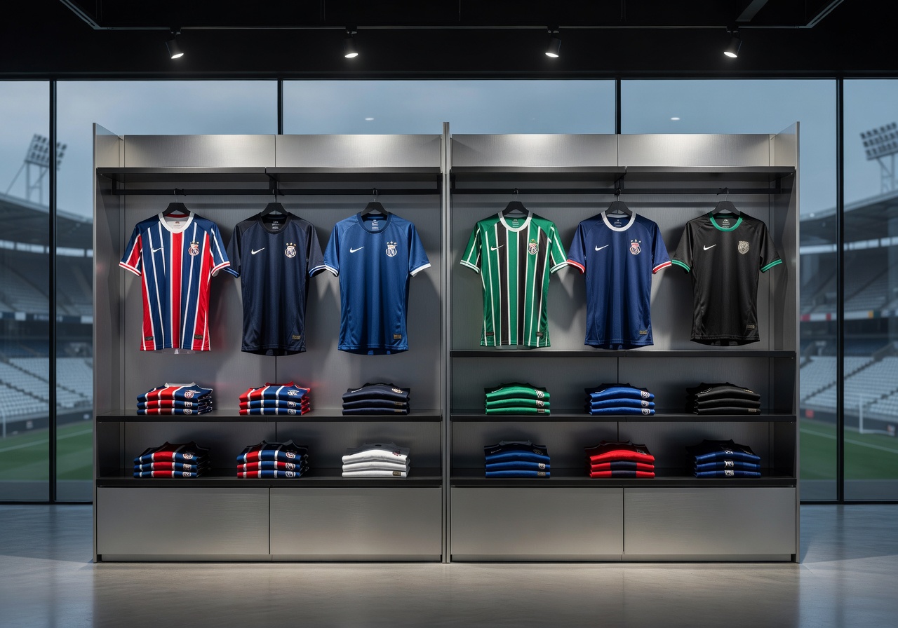 Football merchandise jerseys collection display stadium lighting multiple products arranged aesthetically ecommerce showcase