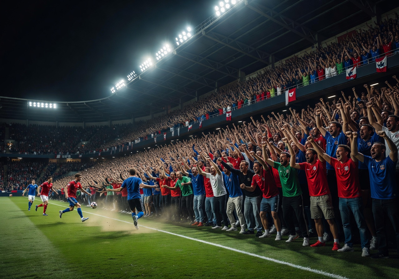 Football stadium at night dramatic lighting fans cheering atmosphere professional sports photography about us page