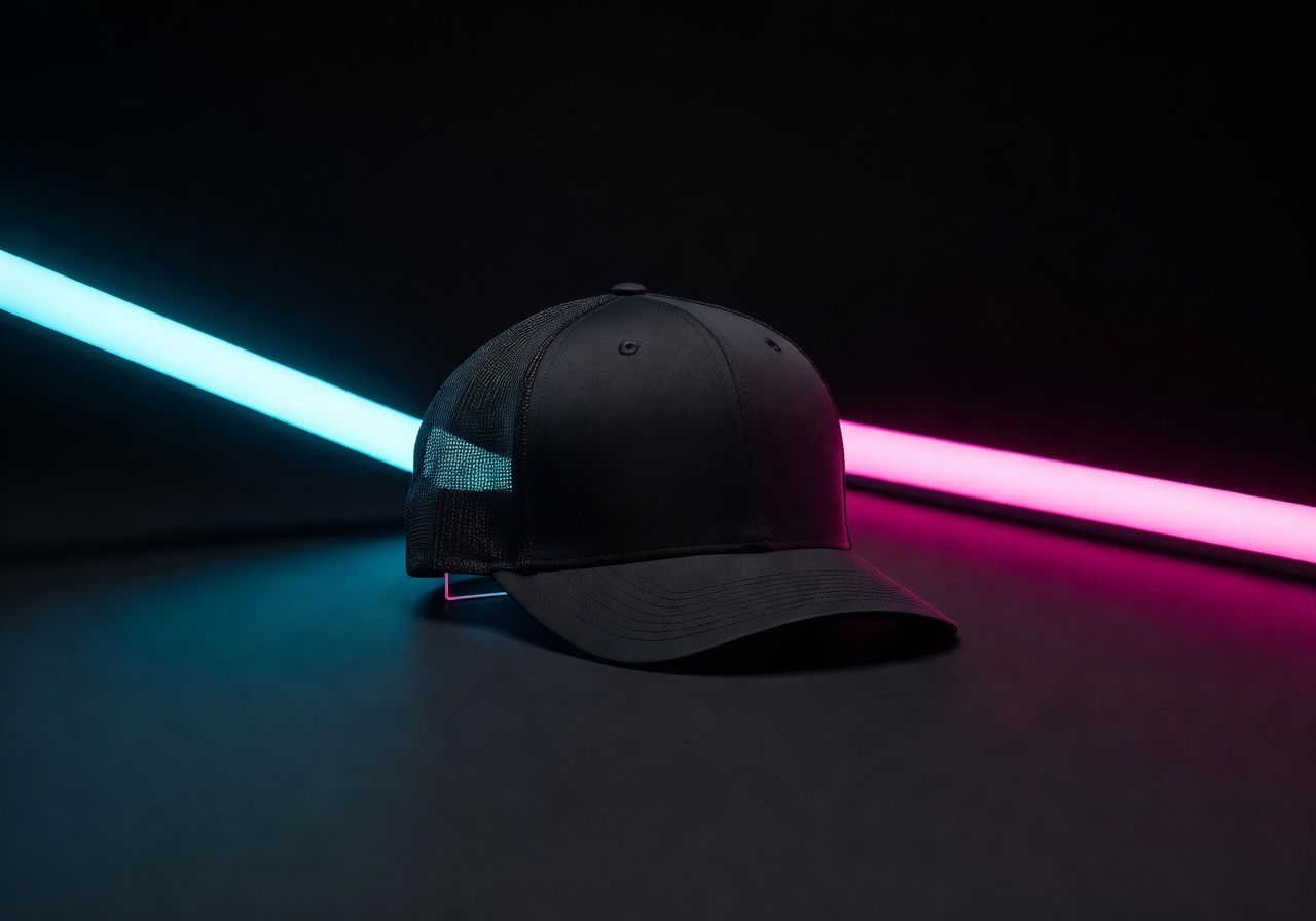Football team cap accessory on dark background neon lighting product display minimal sports photography