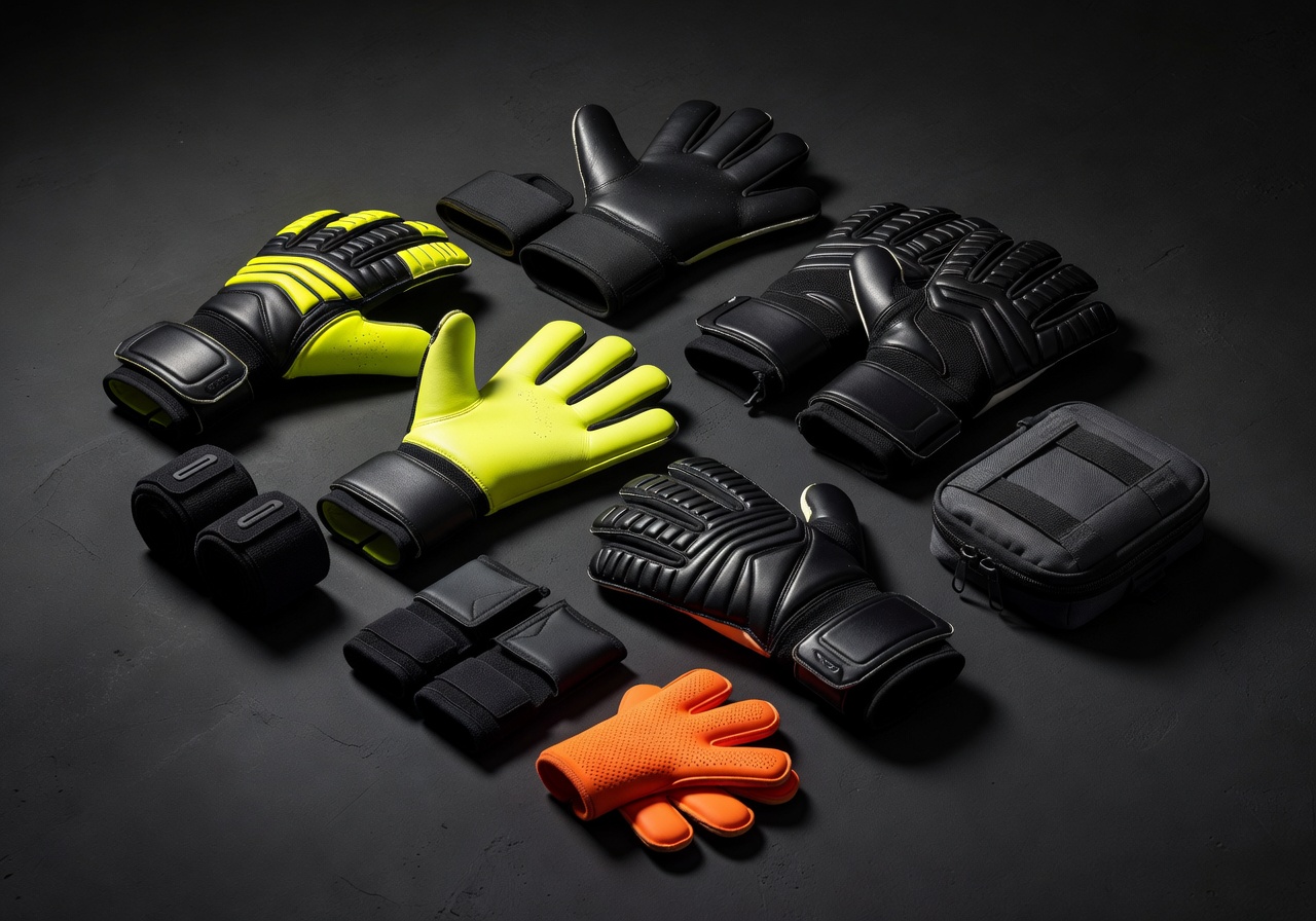 Goalkeeper gloves accessories collection dramatic lighting detail texture sports product dark background
