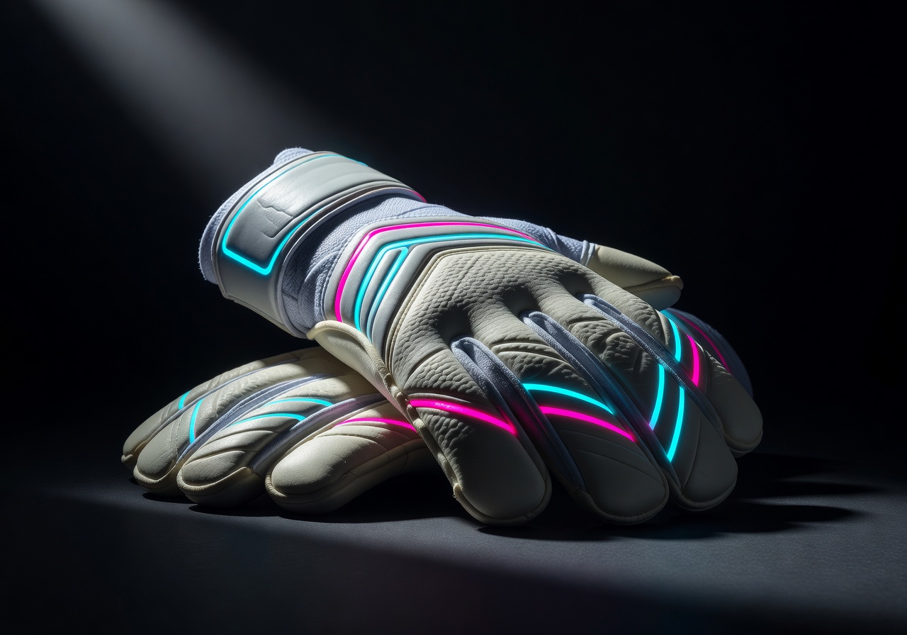 Goalkeeper gloves close up with dramatic lighting high detail texture sports product photography dark background neon accents