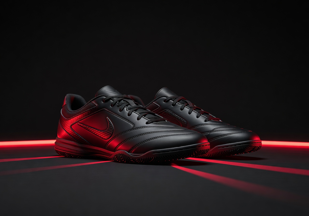 Indoor football shoes futsal footwear dark background neon red lighting product photography premium sports
