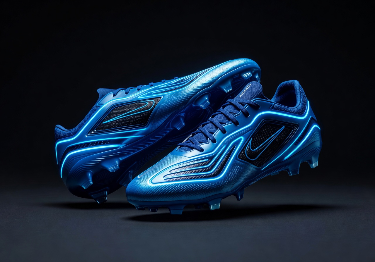 Modern football boots isolated on dark background with blue neon glow ultra realistic product photography premium sports gear style