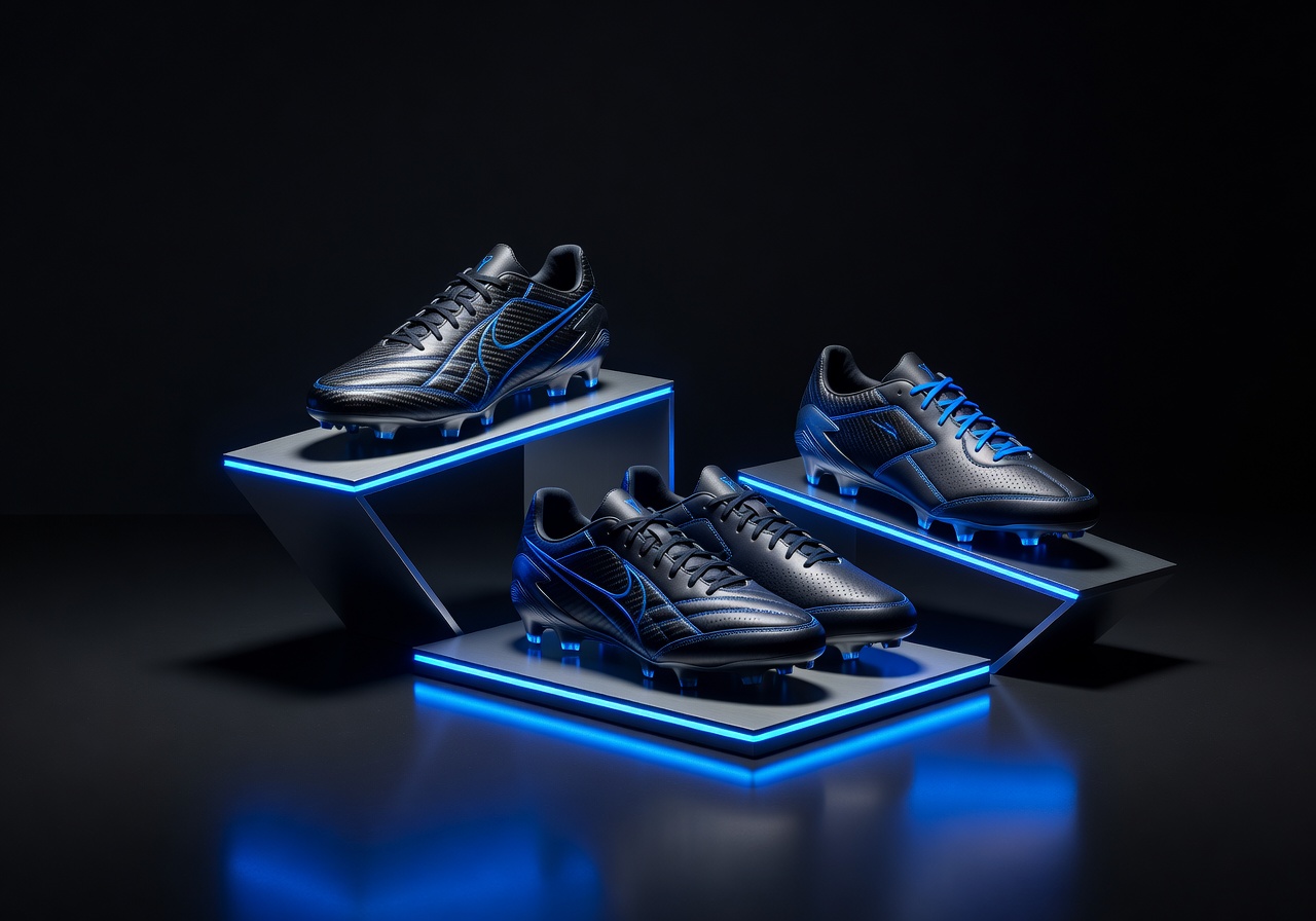 Premium football boots exclusive collection dark background blue neon glow luxury sports gear product photography