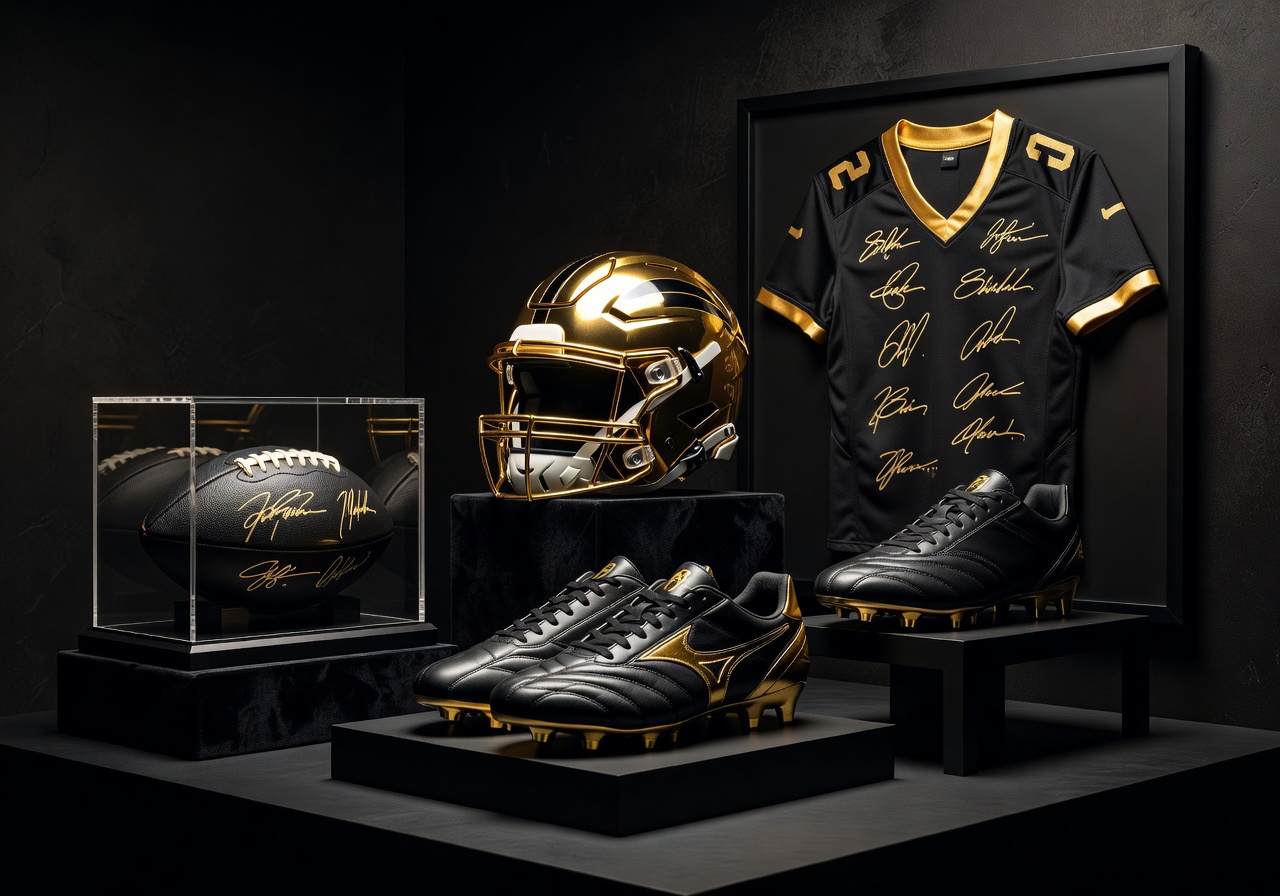 Premium football merchandise gold and black luxury sports products signed memorabilia display studio lighting