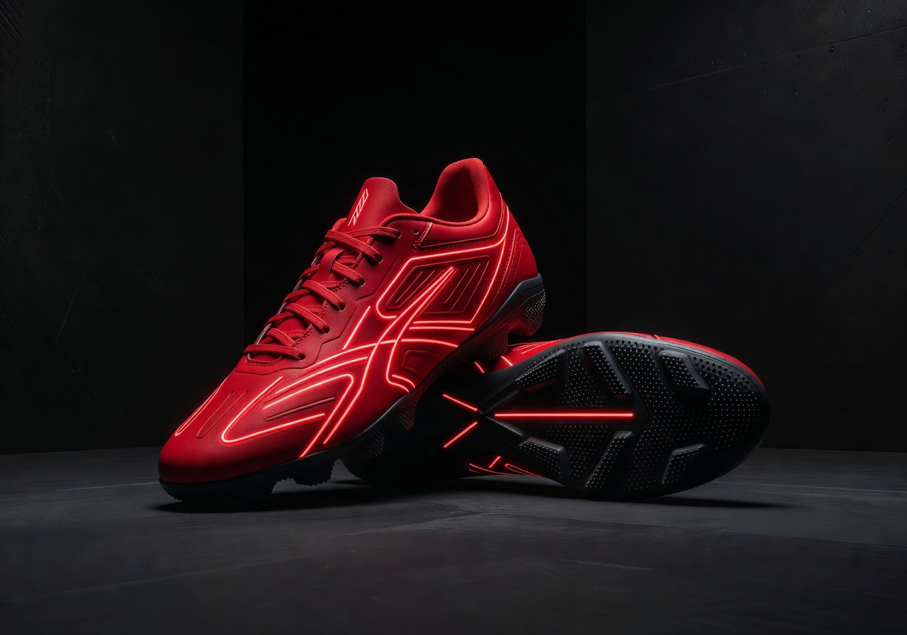 Premium indoor football shoes exclusive limited edition red neon dark background product photography sports