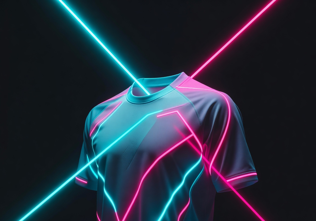 Professional football jersey product shot on dark background with neon lighting realistic fabric texture sports branding style high detail ecommerce style