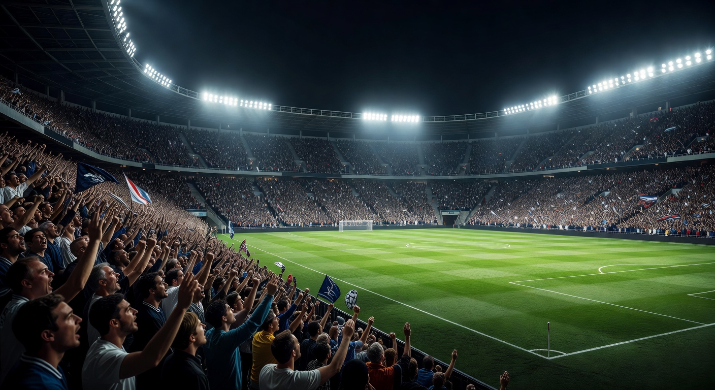 Ultra realistic football stadium at night filled with cheering fans bright stadium lights dramatic shadows glowing atmosphere cinematic sports lighting